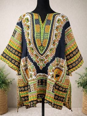 Funky People Dashiki Style Cotton Top 3XL Bright Boho Tribal Shirt Pockets